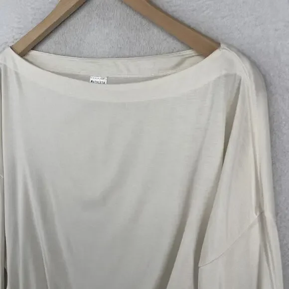 ATHLETA Top M Oversized Cropped Boat Neck Long Sleeve Cinched Off White - Picture 2 of 12